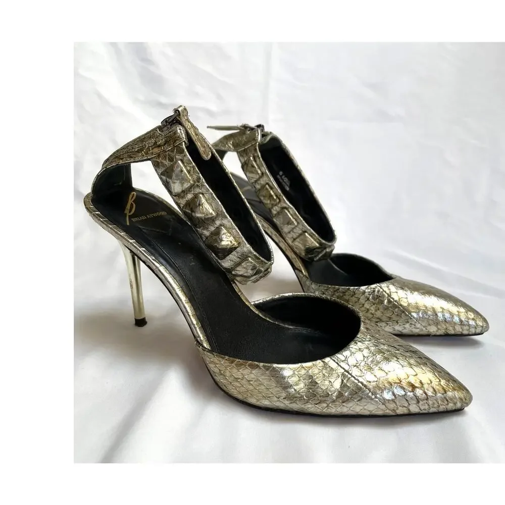 Brian Atwood Mercada Metallic Silver Leather Snake Stud Ankle Strap Heels, 6.5